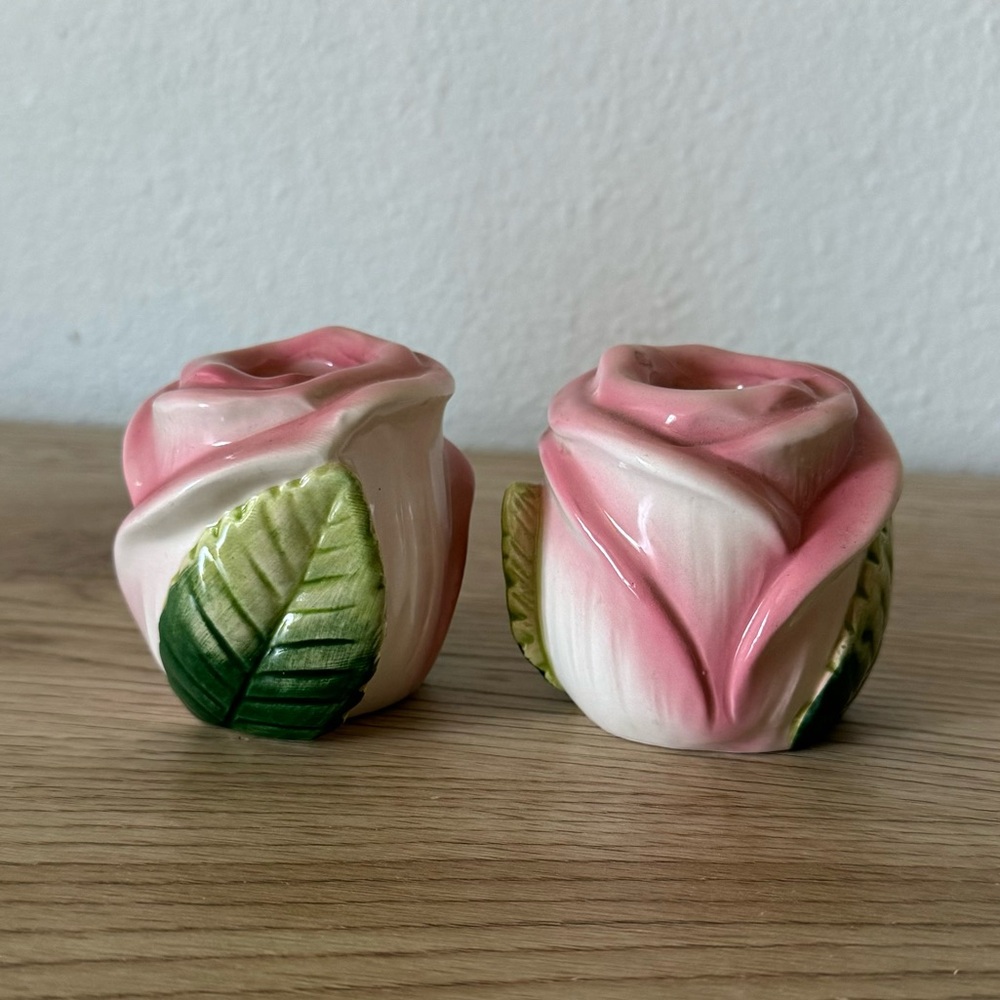 Fitz & Floyd‎ OCI Omnibus Pink Rose Shaped Taper Candle Holders Set of 2 Vintage